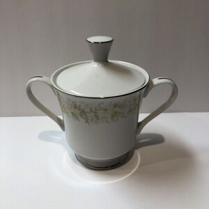 NIKKO Greenfield 4908 Sugar Bowl w/ Lid 5x6" Japan Floral Pattern Silver‎ Trim